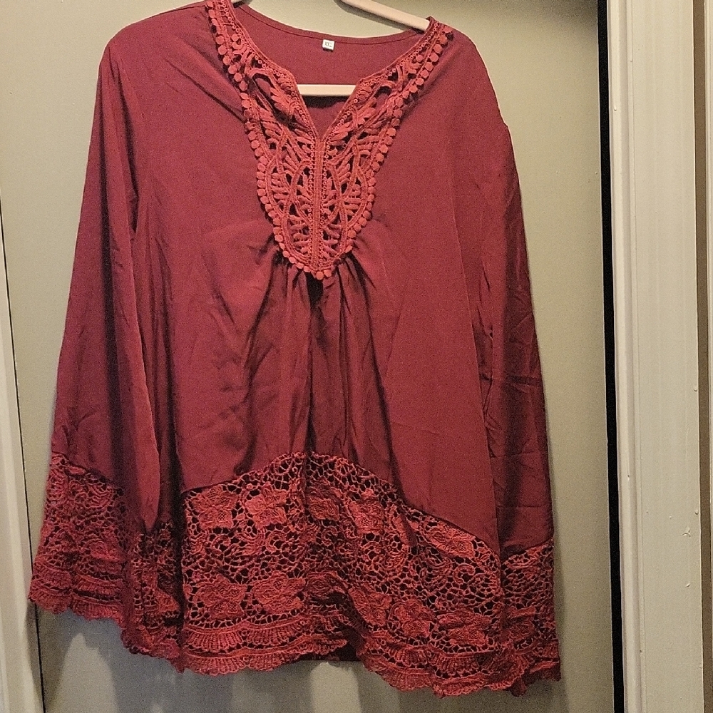 Elegant Lace Trim Burgundy Women's Top SzXXL